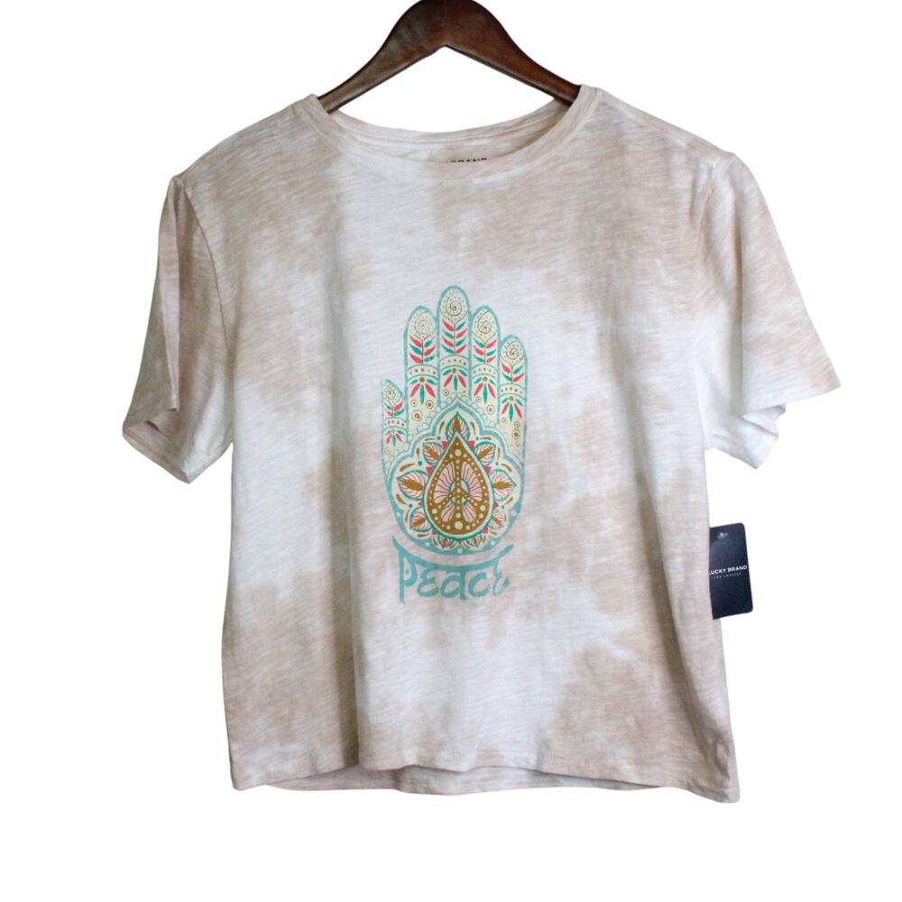 LUCKY BRAND Hamsa Peace Graphic Tee Womens Crop Top Cloud Tie Dye Tan Small NWT
